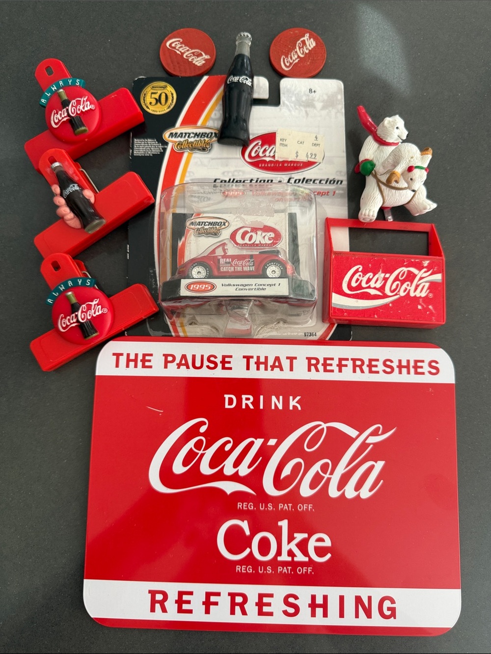 Vintage 90’s Coca-Cola Collectible Car, Magnets, Clips, Ornament & Sign!